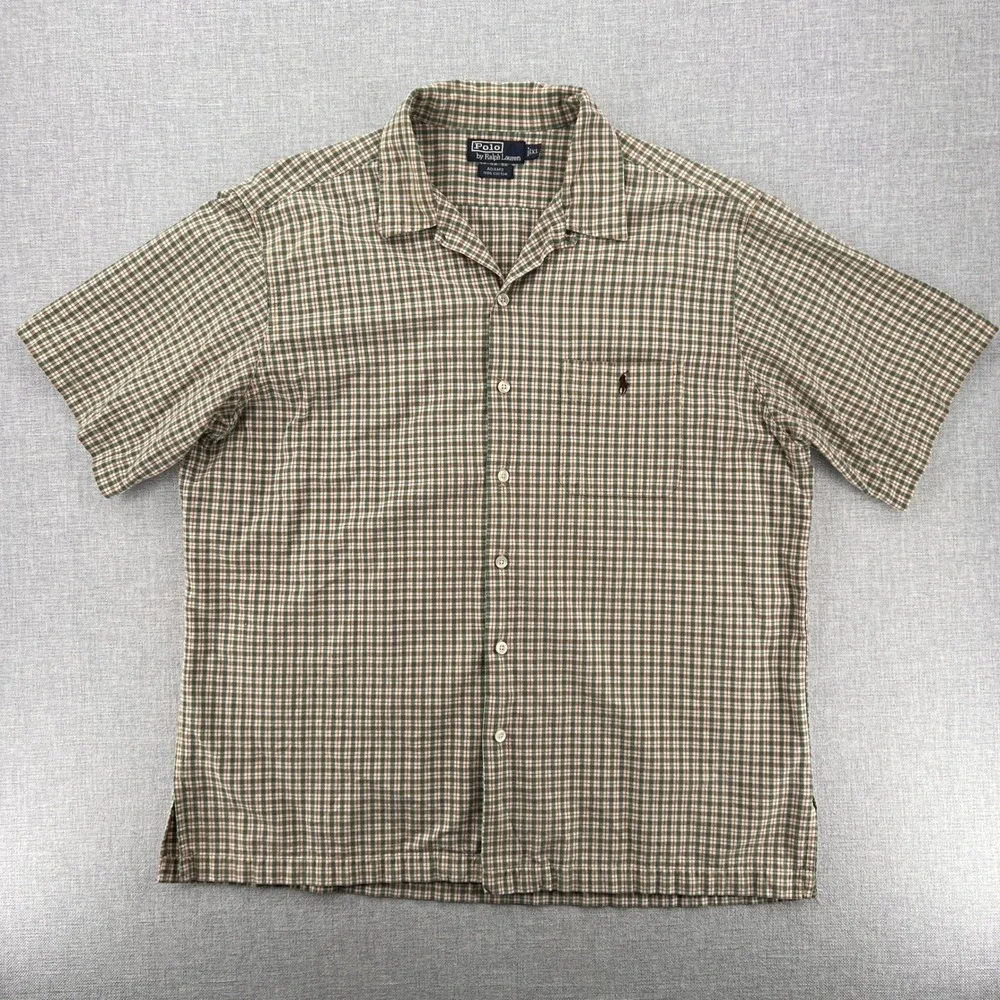 VTG Y2K Polo Ralph Lauren Adams Loop Collar Shirt Men‎ XL Green Tan Check Camp